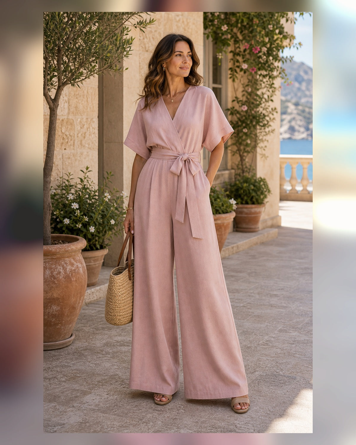 Tuta Scollo a V e Gamba Ampia - Rosa, look resort elegante