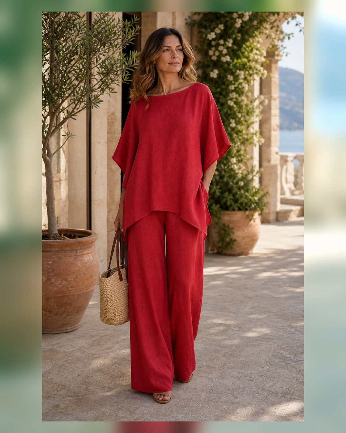 Completo Relax Camicia e Pantaloni in Lino - Rosso, look resort elegante
