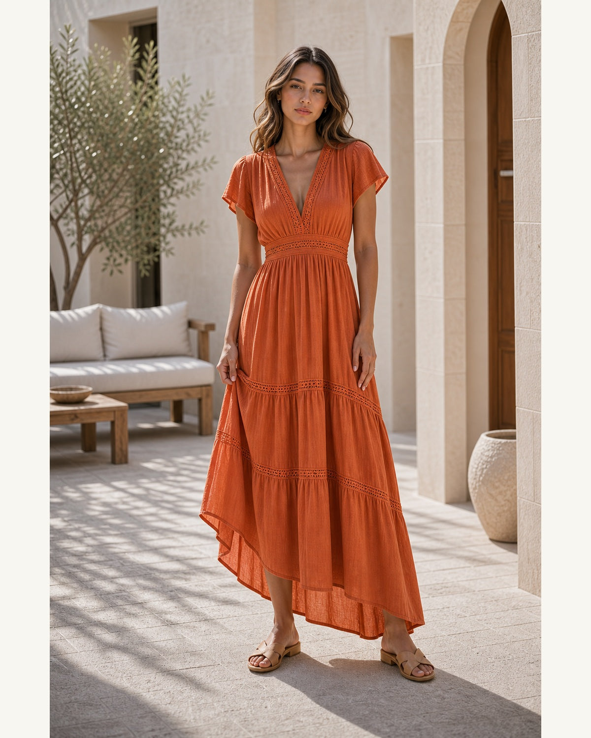 Abito Boho Azzurro con Scollo a V - Arancione