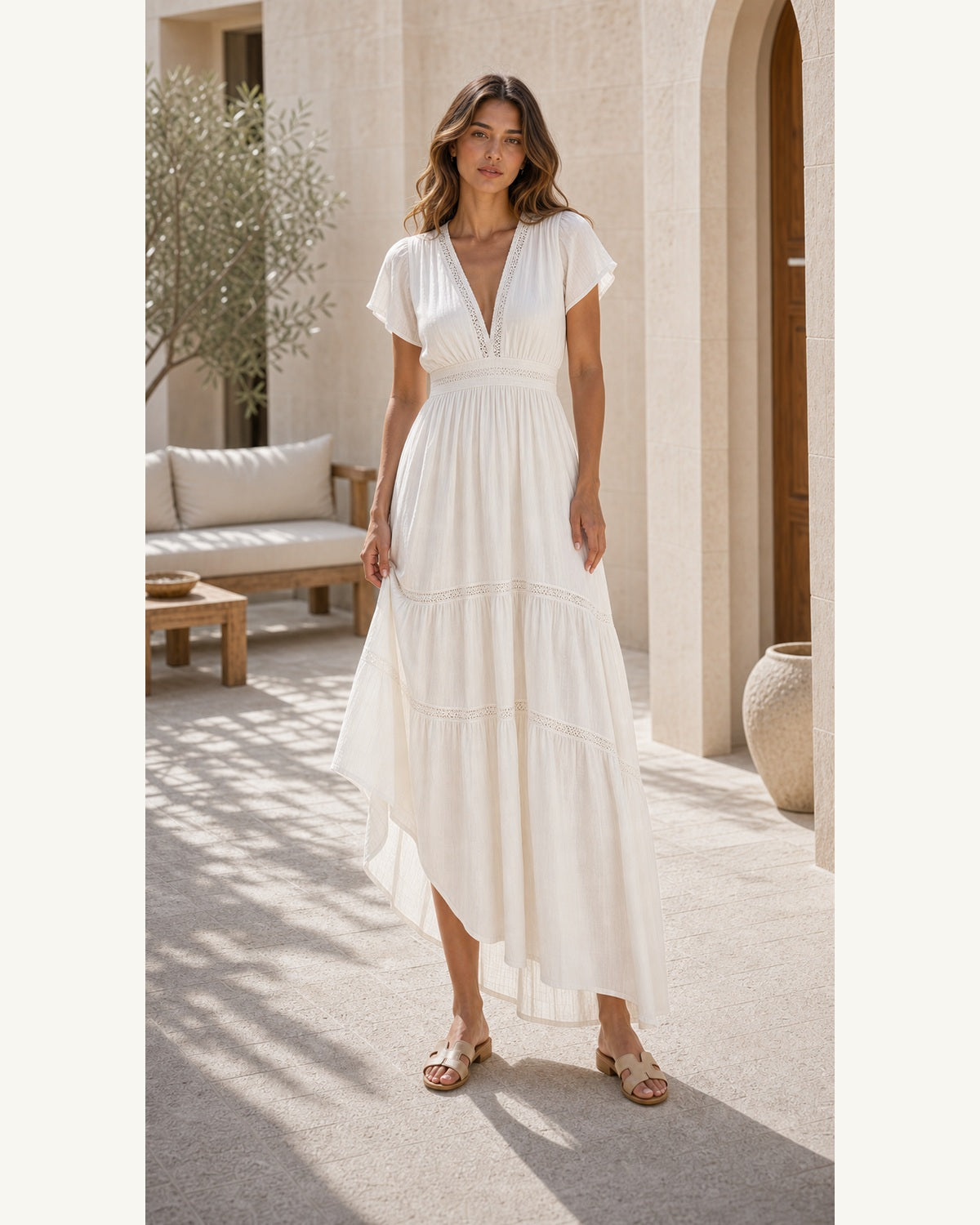 Abito Boho Azzurro con Scollo a V - Bianco