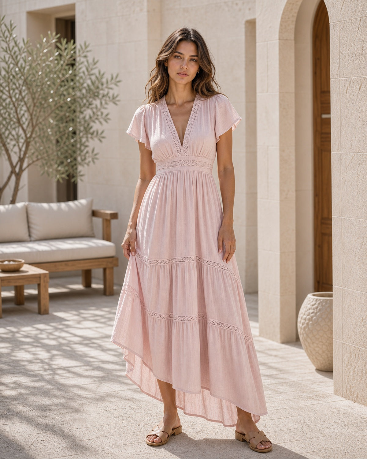 Abito Boho Azzurro con Scollo a V - Rosa