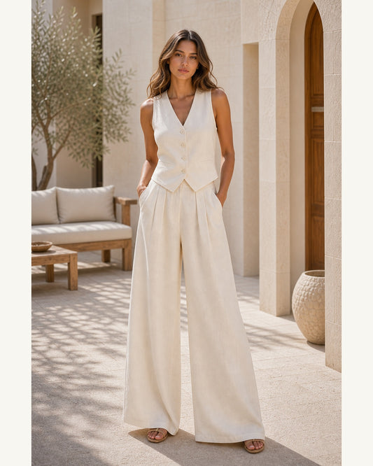 Completo Gilet Crema con Pantaloni Palazzo - Crema