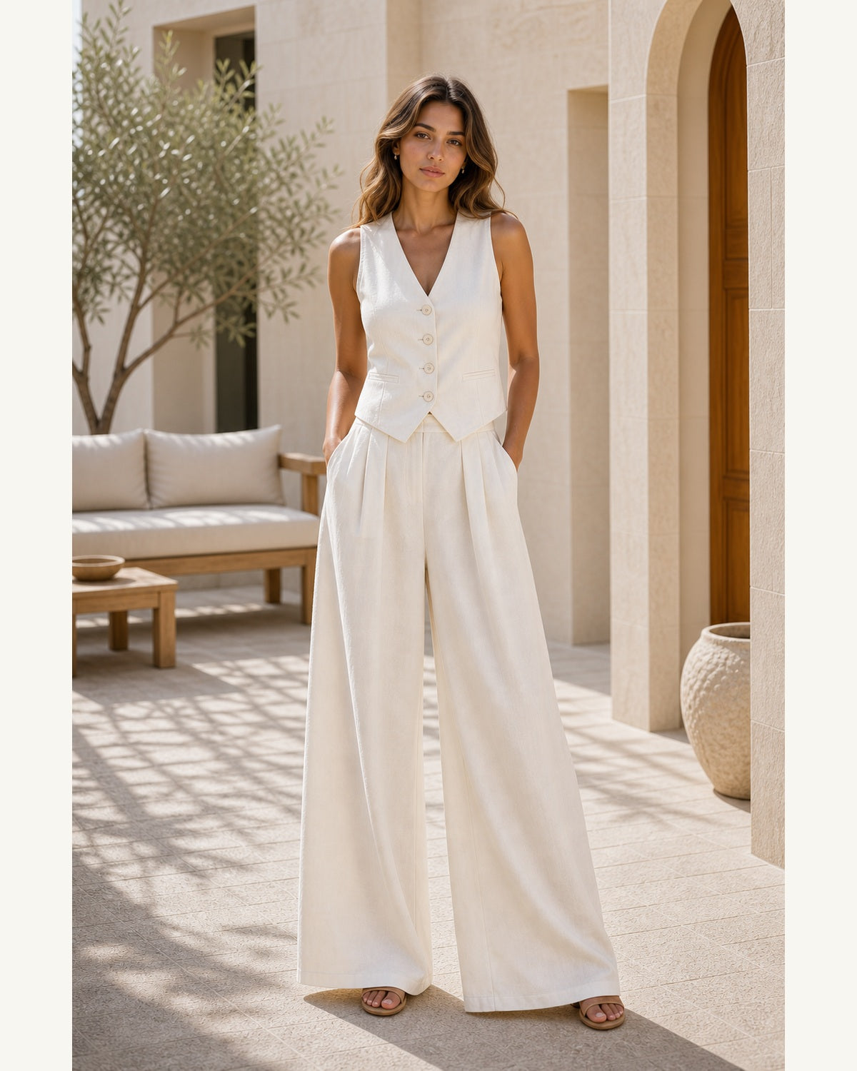 Completo Gilet con Pantaloni Palazzo - Bianco