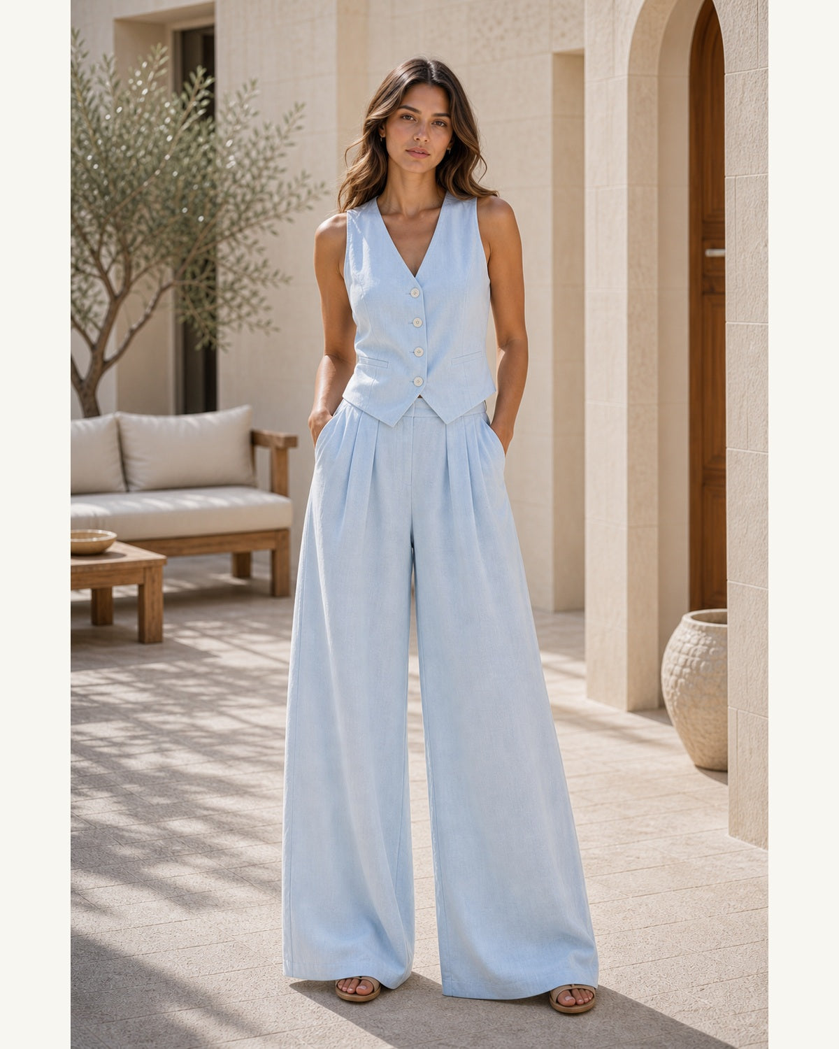 Completo Gilet con Pantaloni Palazzo - Blu chiaro