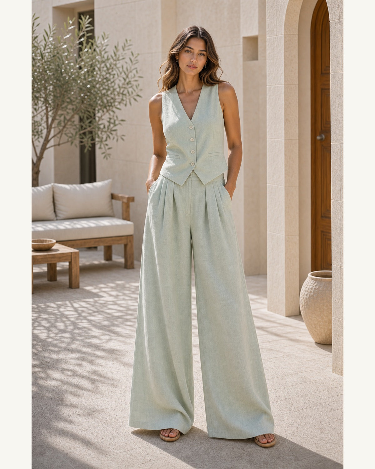 Completo Gilet con Pantaloni Palazzo - Verde menta