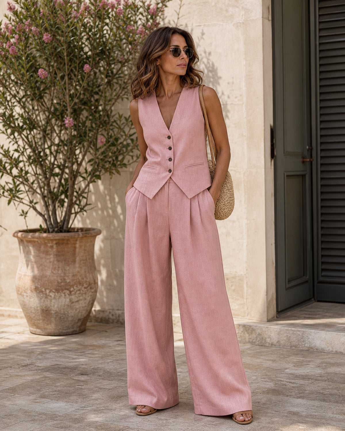 Completo Gilet con Pantaloni Palazzo - Rosa