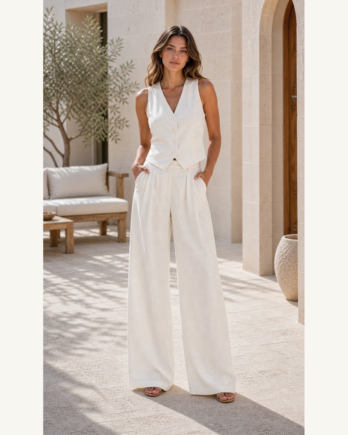 Completo Gilet Rosa Cipria e Pantaloni Ampi - Bianco
