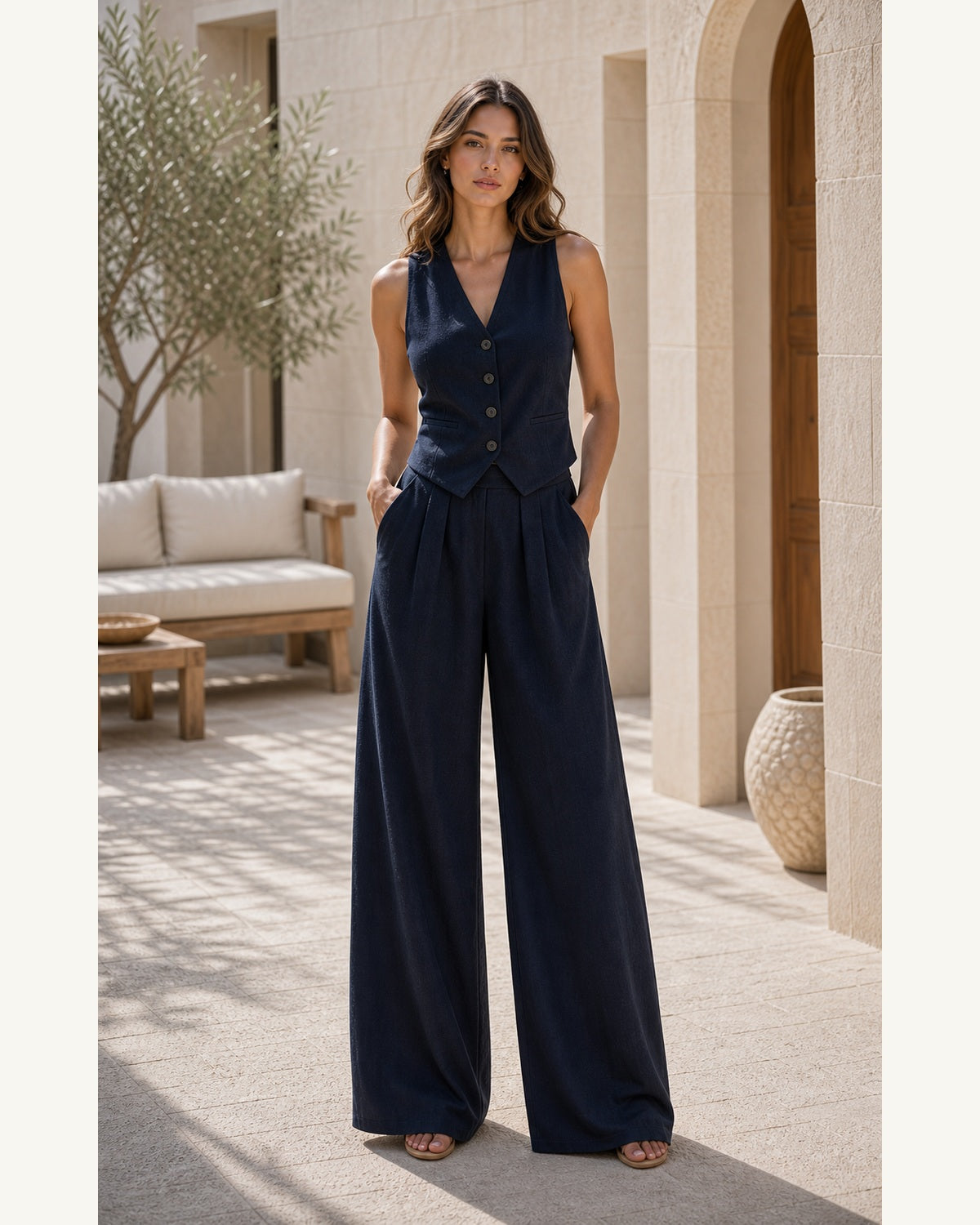 Completo Gilet Rosa Cipria e Pantaloni Ampi - Blu navy