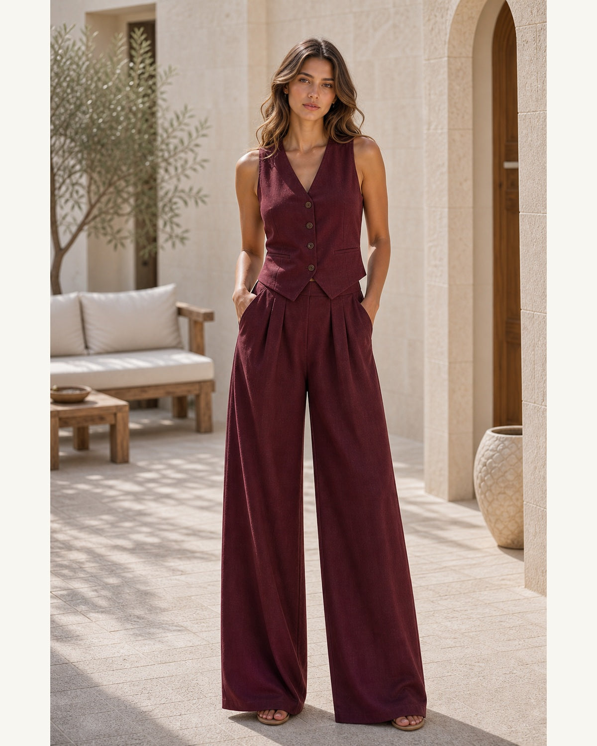 Completo Gilet Rosa Cipria e Pantaloni Ampi - Bordeaux