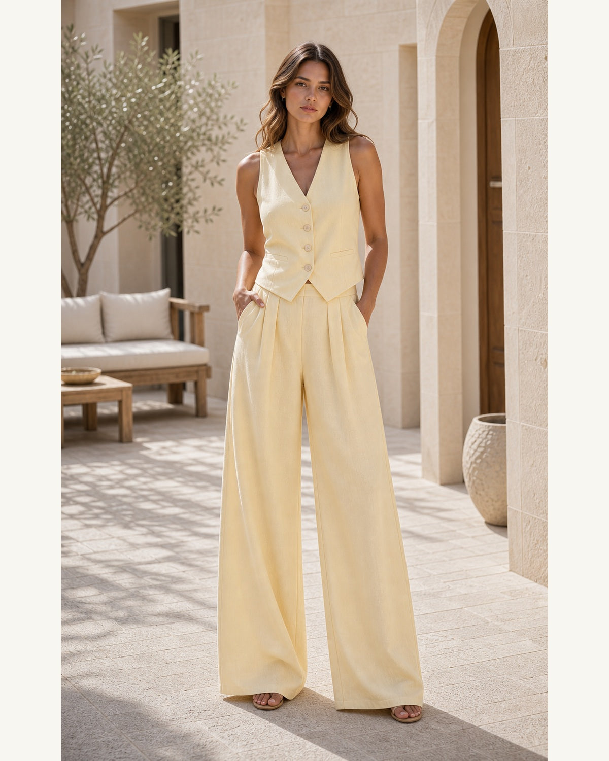 Completo Gilet Rosa Cipria e Pantaloni Ampi - Giallo chiaro