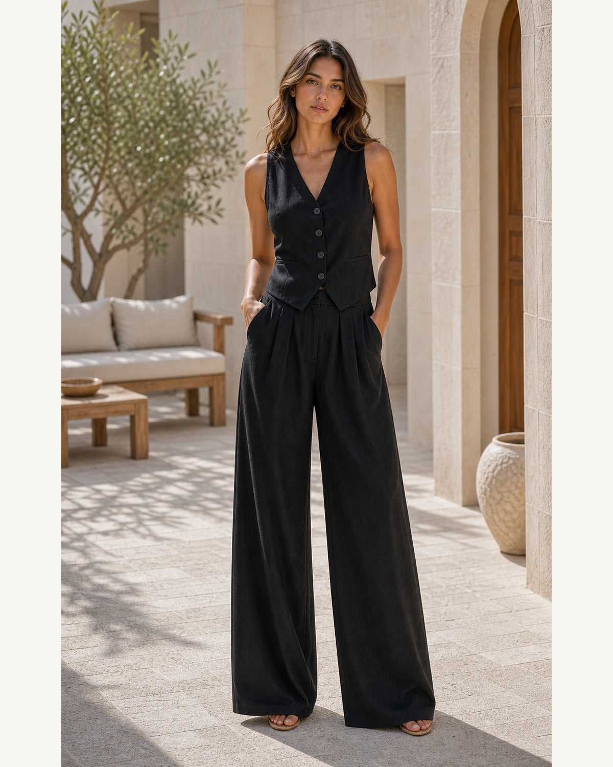 Completo Gilet Rosa Cipria e Pantaloni Ampi - Nero