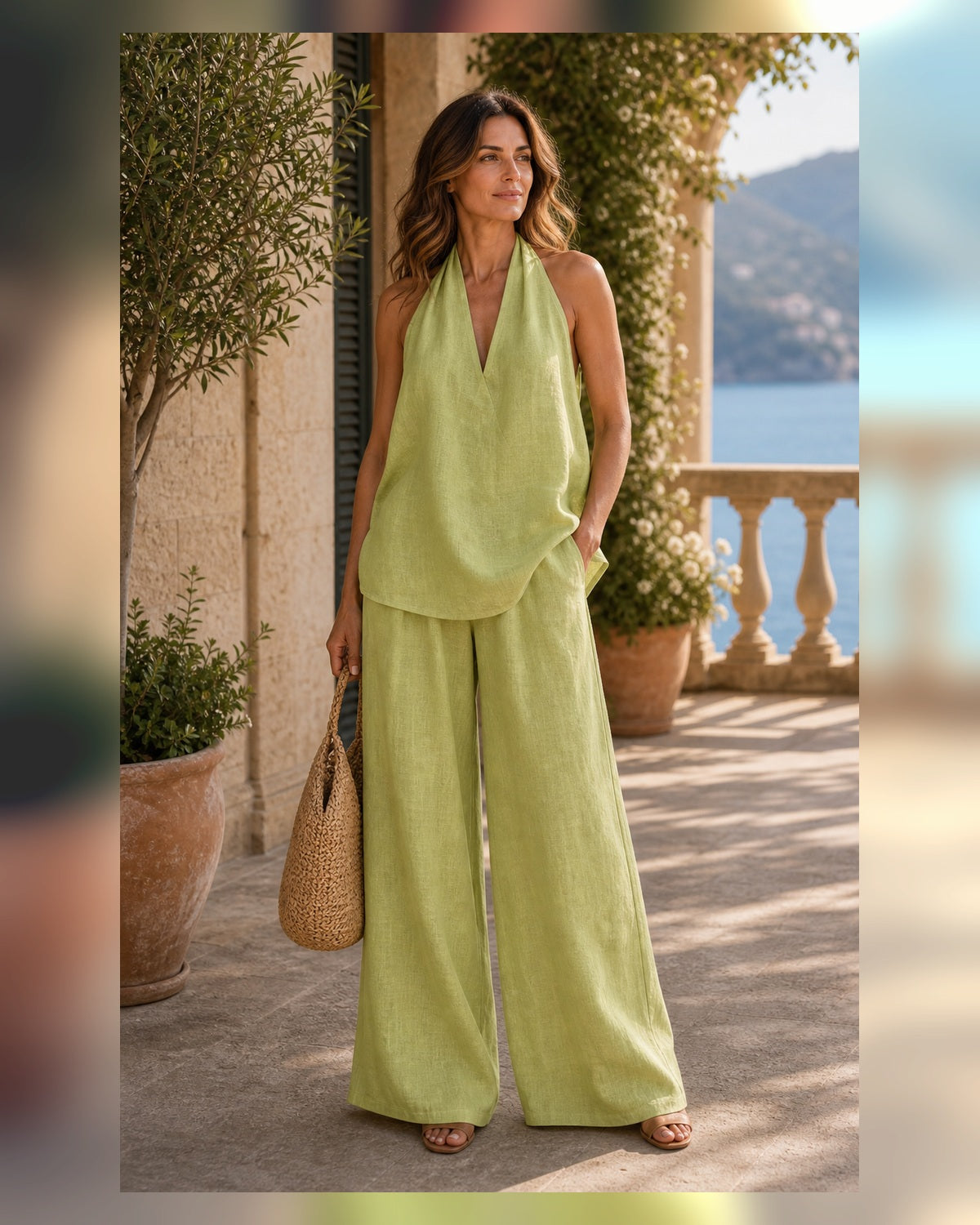 Completo Resort Avorio con Top Halter - Verde Lime, look resort elegante