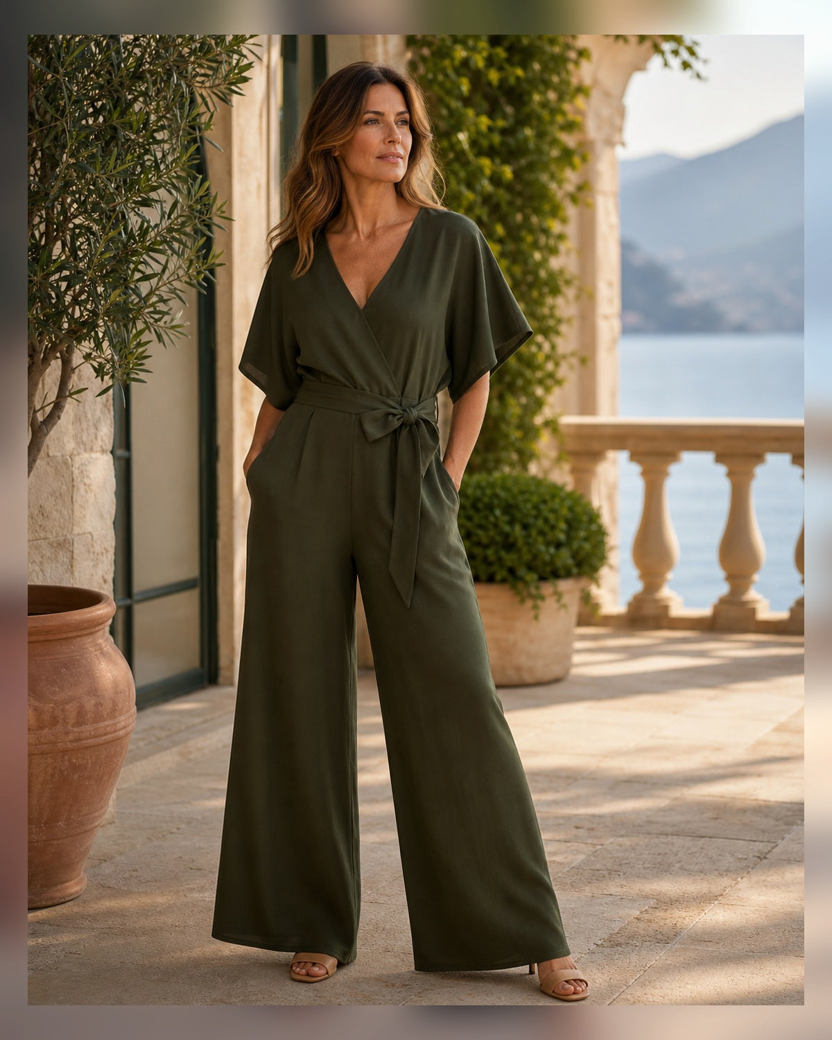 Tuta Scollo a V e Gamba Ampia - Verde Militare, look resort elegante