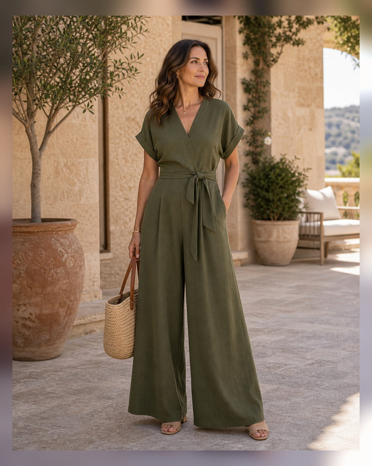 Tuta Scollo a V e Gamba Ampia - Verde Oliva, look resort elegante