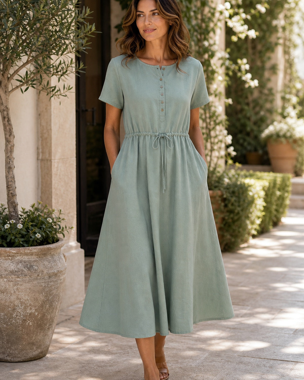 Abito Midi in Cotone Lino con Vita Definita - Verde salvia, look estate elegante